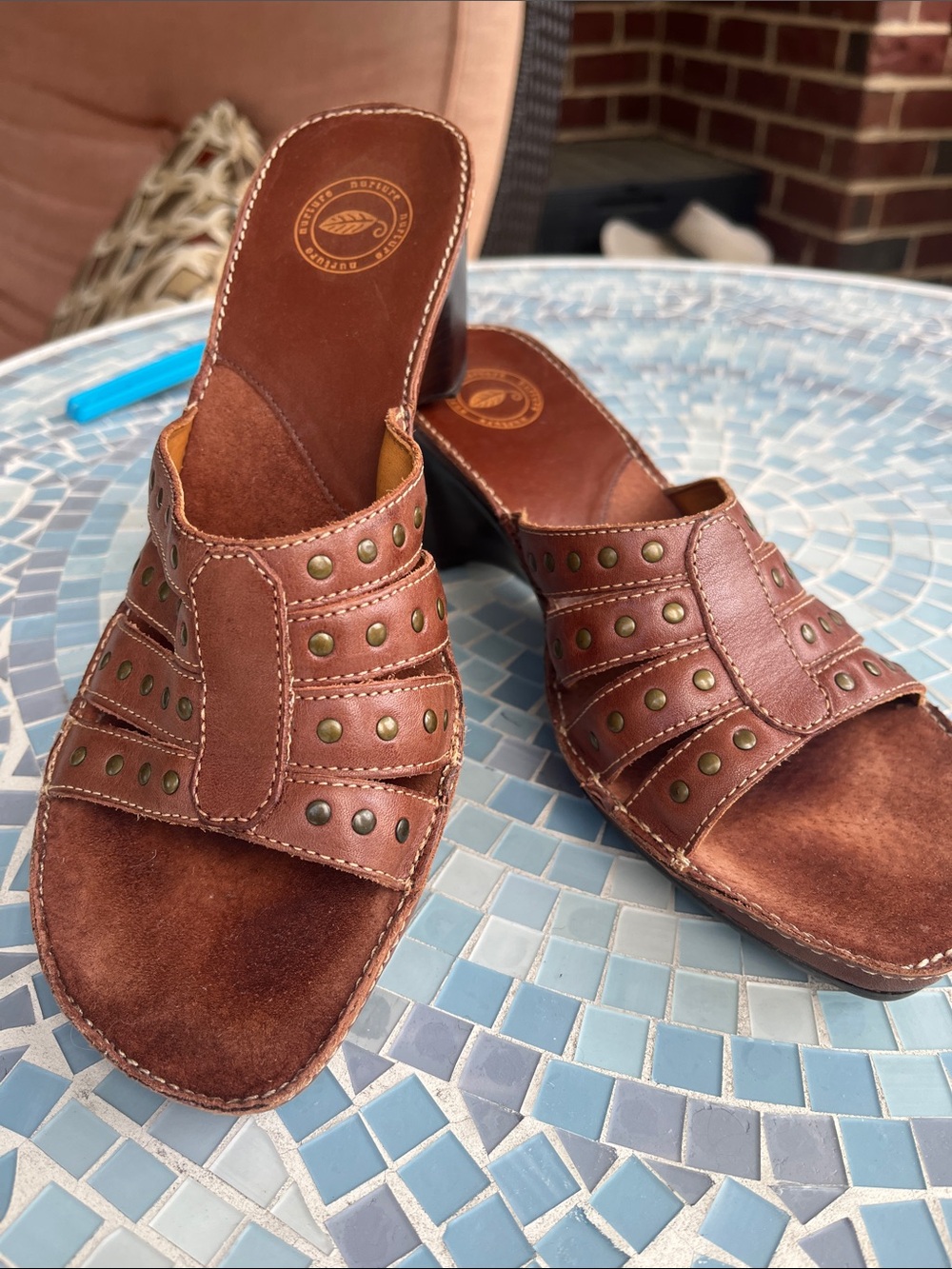 Nurture Brown Leather Studded Slide Sandals Women’s Size 7M